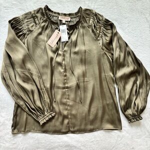 PHILOSOPHY Olive Green Long Sleeve Satin-Like Blouse--S